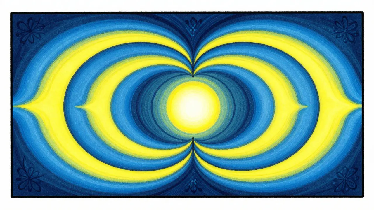 Psychedelic art of symmetrical bands surrounding a central point.