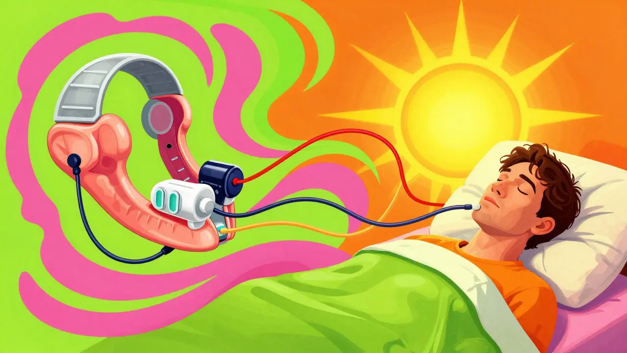 Stylized artwork showing sleep apnea treatment options and a person waking up energized.