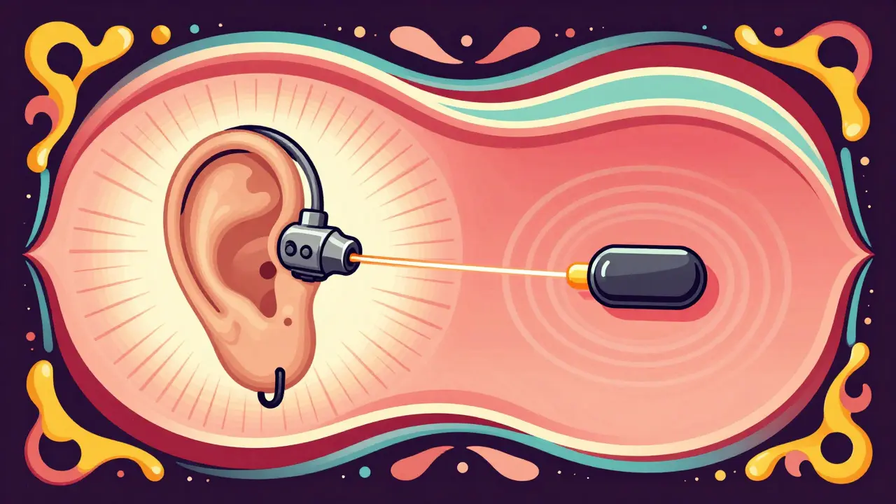 Stylized comparison of percutaneous and transcutaneous bone conduction implants in a liquid art style.