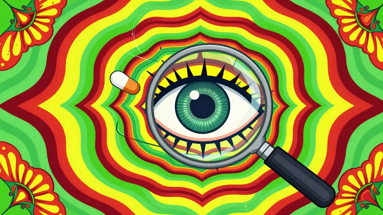 Stylized eye and magnifying glass within colorful psychedelic swirls representing verification.
