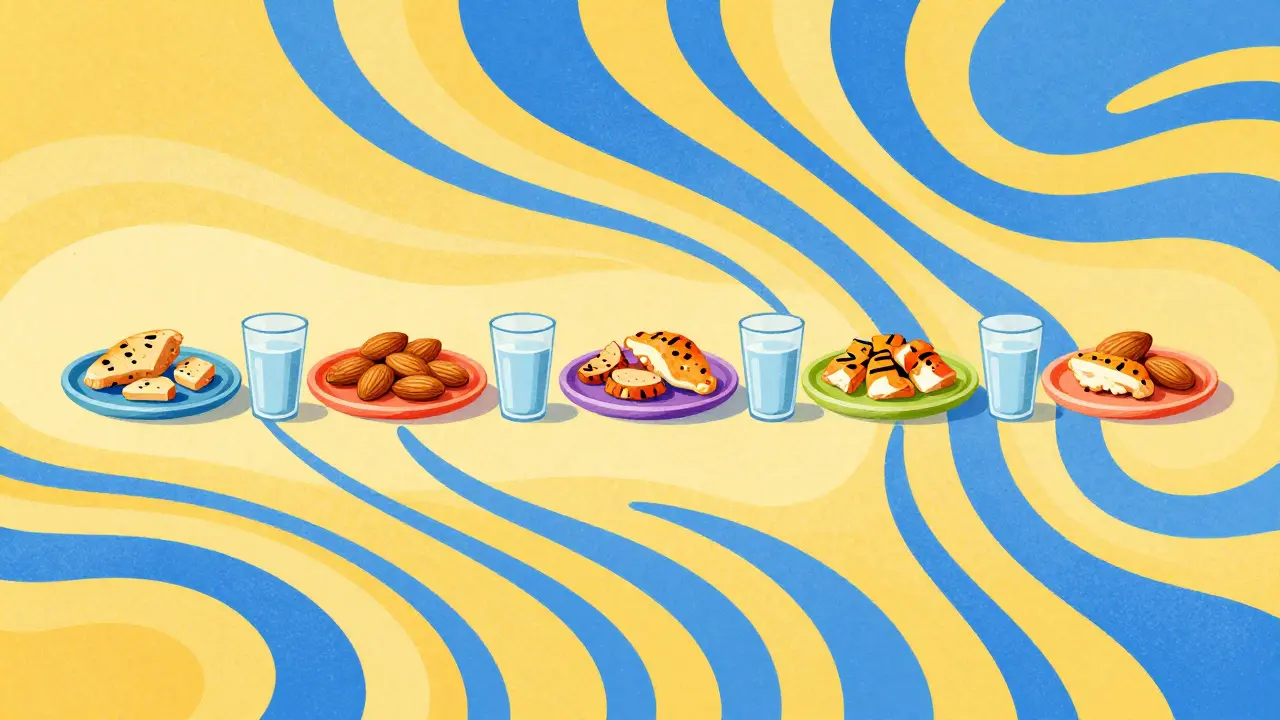 Stylized illustration of small protein snacks and water glasses separated by flowing lines.