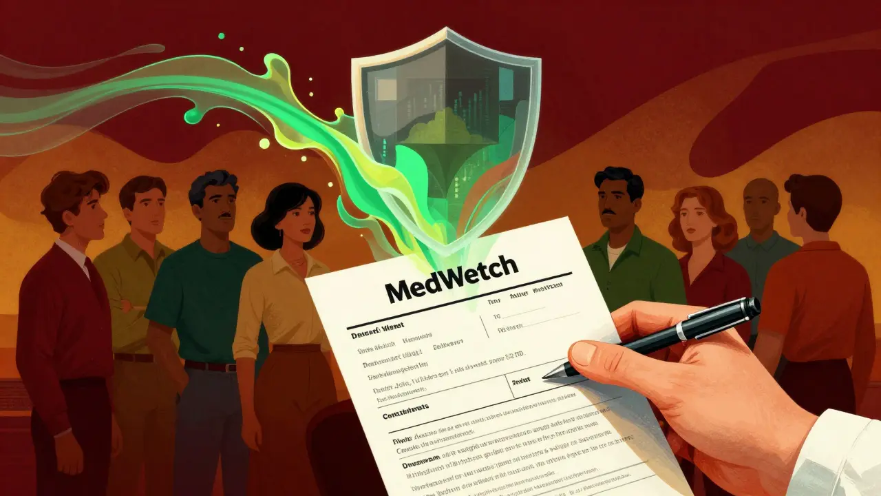 Stylized image of a pharmacist reporting a drug problem to protect public health.