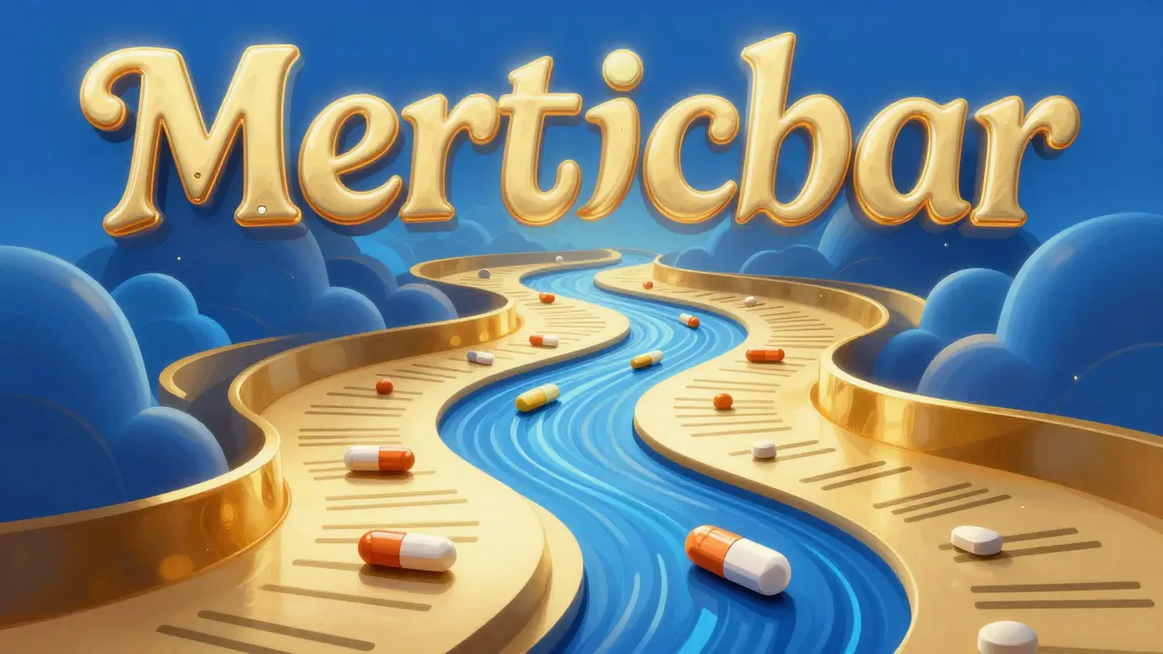 Stylized psychedelic art showing a flowing river of colors leading to a generic medication pill.