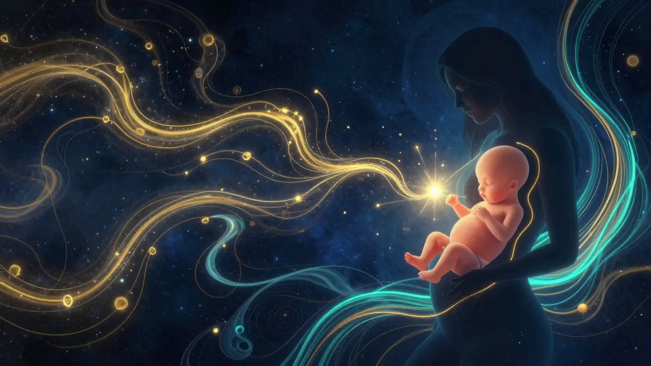 Stylized silhouette of a mother connected to a glowing fetus by flowing neon lines.