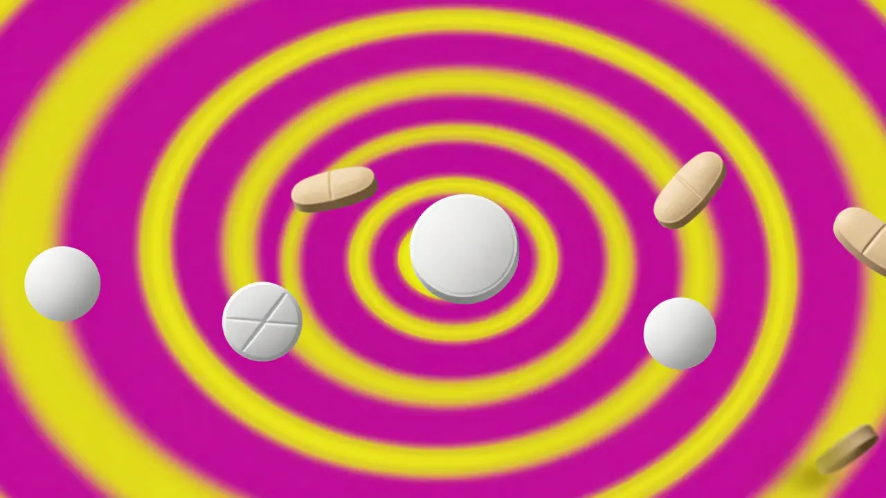 Surreal composition of various shaped and colored pills floating in a psychedelic void.