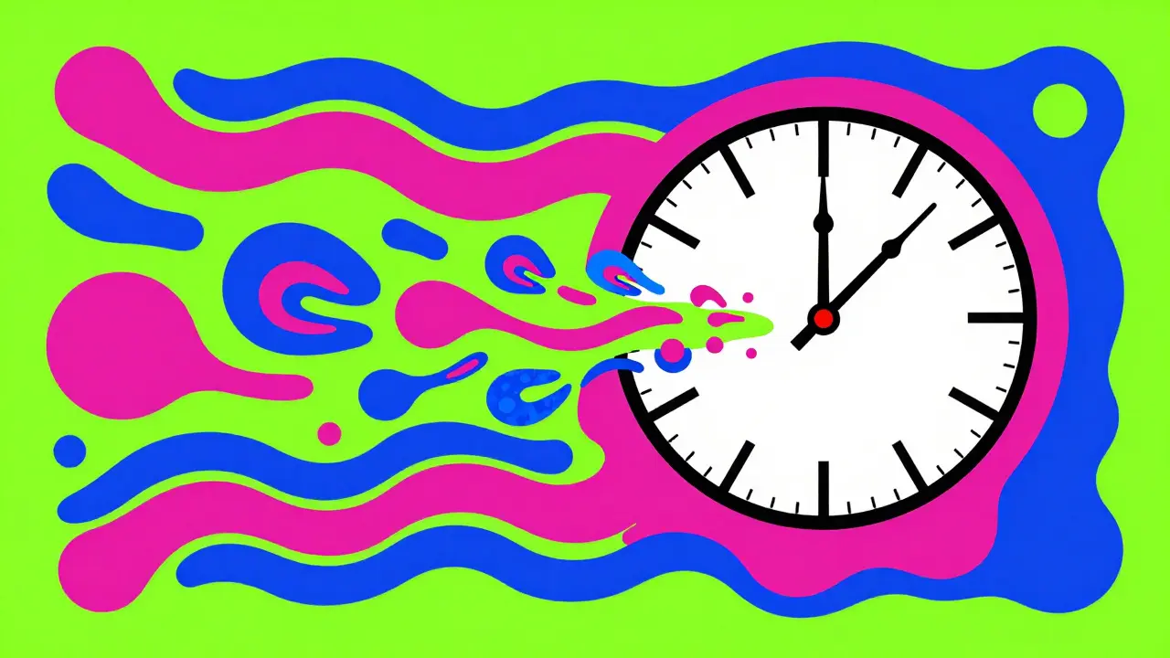 Surreal flowing clock and colorful cellular shapes in a psychedelic art style.