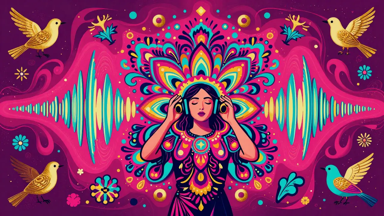 Vibrant illustration of a person joyfully hearing nature sounds through bone conduction technology.
